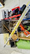 6 BOXES CONTAINING METAL WARES, POWER TOOLS, BRASSED SLIPPER BOX, FIRE GUARD AND BIN,