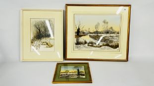 THREE FRAMED PETER SOLLY ORIGINAL WATERCOLOURS 'WINTER BACKWATER' 36 X 46CM, 'WINTER POOL' 34.