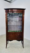 ANTIQUE MAHOGANY AND INLAID SINGLE DOOR DISPLAY CABINET WITH LEADED ART NOUVEAU GREEN GLASS DETAIL,
