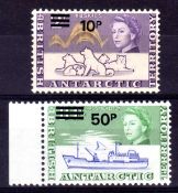 BRITISH ANTARCTIC TERRITORY: 1971 10p ON 2s AND 50p ON 10s BOTH MNH WITH INVERTED WATERMARK, SG 34w,