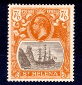 St HELENA: 1922-37 SCRIPT 7/6 OG SHOWING 'TORN FLAG' VARIETY. TINY NATURAL PAPER FLAW ON MOUSTACHE.