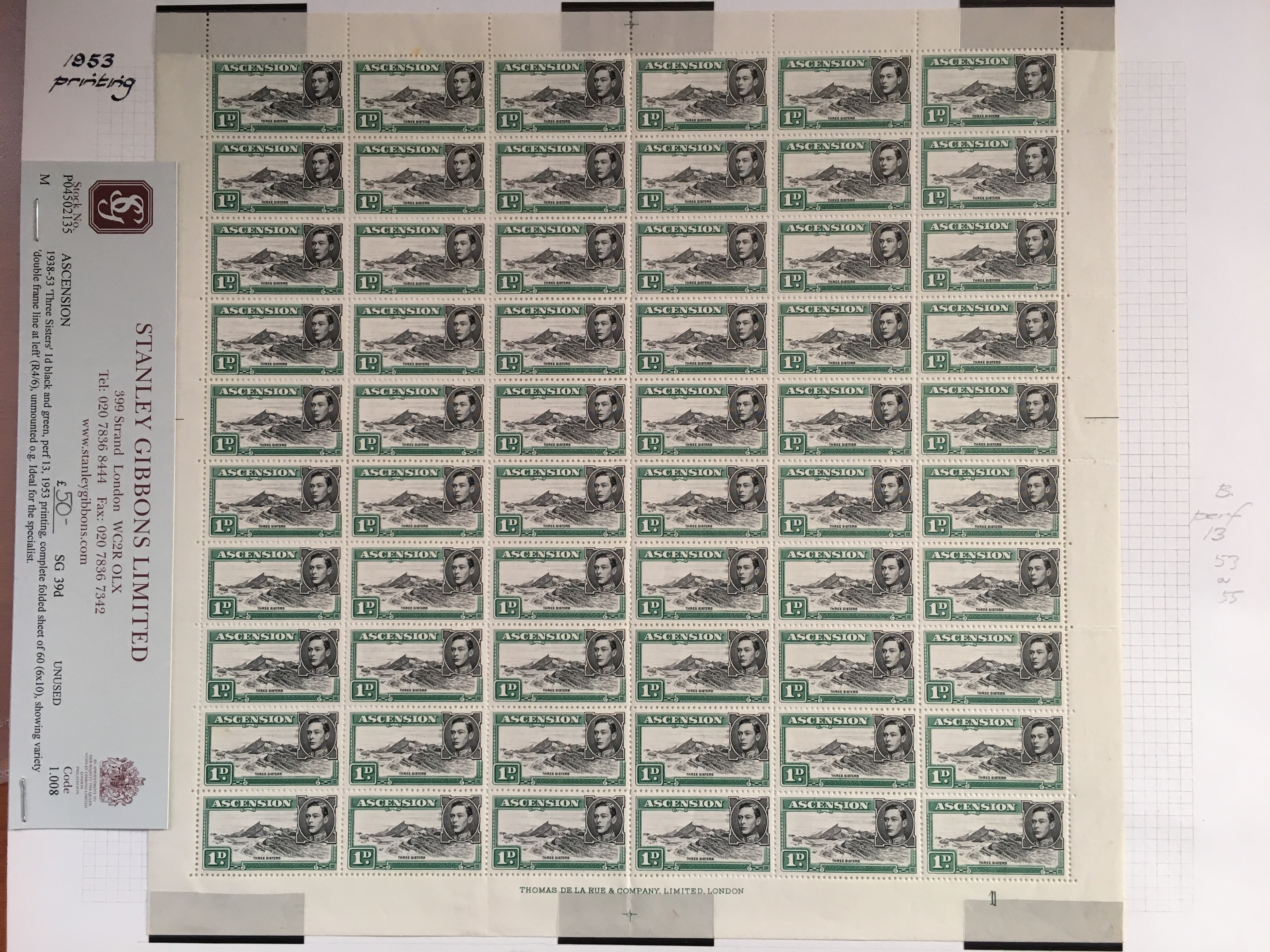 ASCENSION: 1938-53 COMPLETE SHEETS OF 60 COMPRISING ½d PERF 13½ (2, - Image 3 of 10