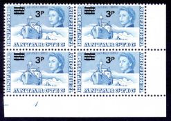 BRITISH ANTARCTIC TERRITORY: 1971 3p ON 3d MNH PLATE BLOCK OF FOUR INVERTED WATERMARK. SG 29w.
