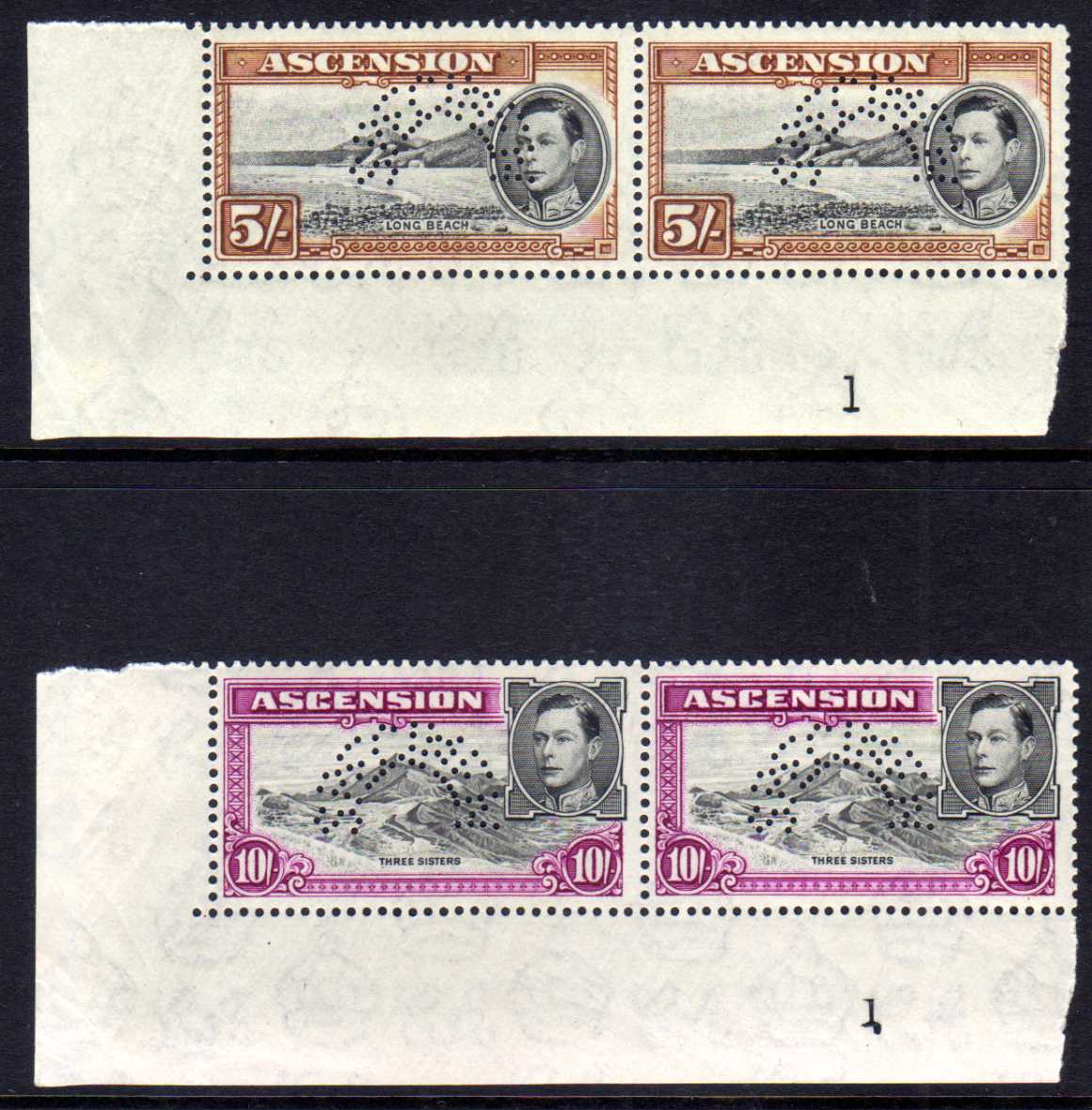 ASCENSION: 1938-53 PERF SPECIMEN (TYPE D20) 5/- AND 10/- IN MATCHING CORNER MARGINAL PLATE 1 PAIRS