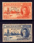 ASCENSION: 1946 VICTORY PERF 'SPECIMEN' TYPE D21, MNH, BROWN GUM. SG 48s, 49s.