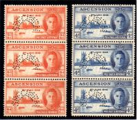 ASCENSION: 1946 VICTORY PERF 'SPECIMEN' TYPE D21 MNH VERTICAL STRIPS OF THREE, FEW TONED PERFS.