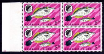 ASCENSION: 1968 FISH 8d WMK CROWN TO RIGHT OF CA MNH MARGINAL BLOCK OF FOUR, SG 114w.