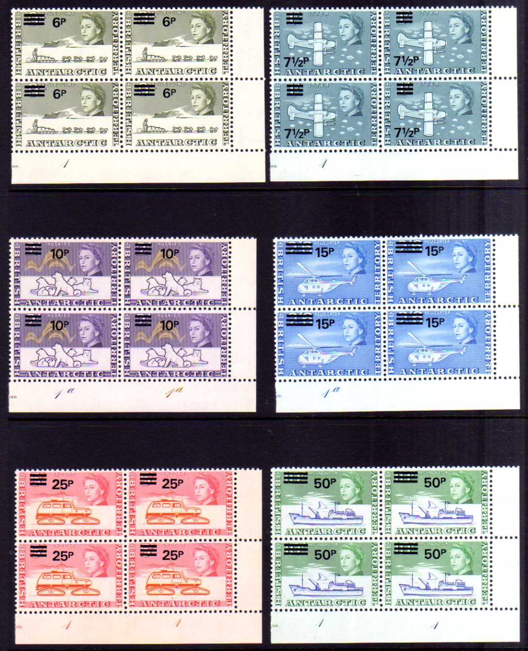 BRITISH ANTARCTIC TERRITORY: 1971 DECIMAL CURRENCY SET IN MATCHING MNH CORNER PLATE BLOCKS OF FOUR,