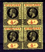 St HELENA: 1913 4d 'SPLIT A' VARIETY WITHIN FINE USED BLOCK OF FOUR. SG 85, 85a.