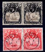 ASCENSION: 1924-33 ½d AND 1½d USED PAIRS, EACH SHOWING 'BROKEN MAINMAST' VARIETY ON R2/1.