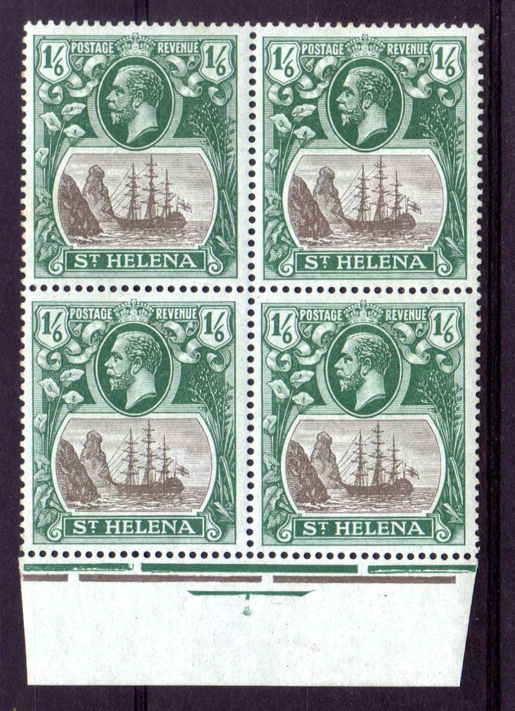 St HELENA: 1922-37 MCA 1/6 MNH MARGINAL BLOCK OF FOUR SHOWING 'TORN FLAG' VARIETY ON R4/6 SG.