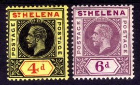 St HELENA: 1913 4d AND 6d OG BOTH WITH 'SPLIT A' VARIETY, ODD SLIGHTLY SHORT PERF. SG 85a, 86a.
