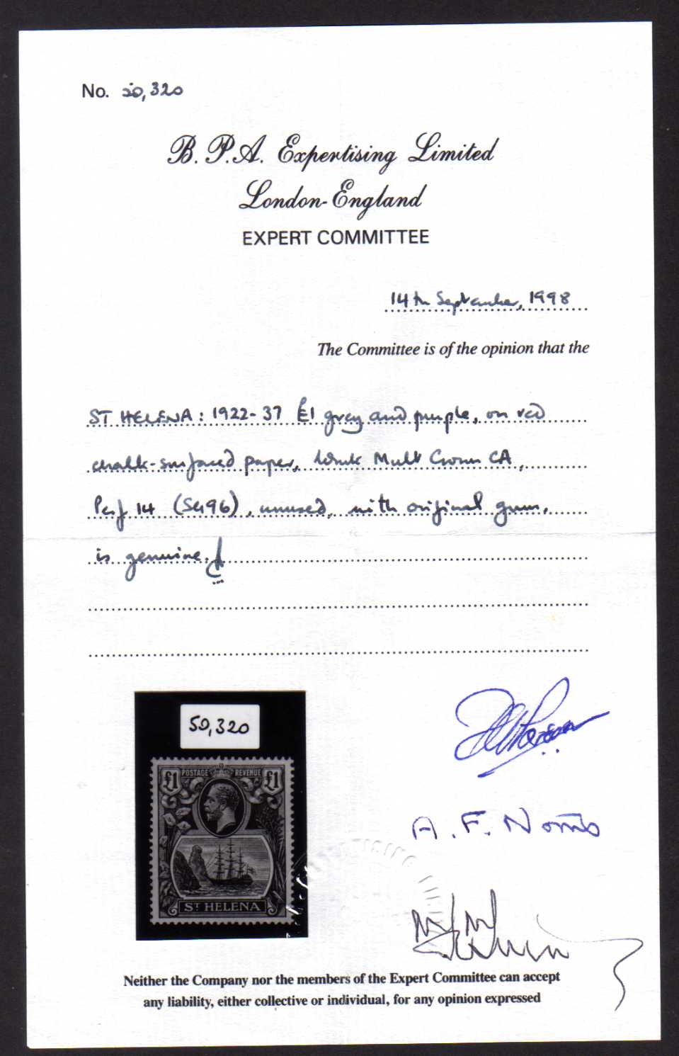 St HELENA: 1922-37 MCA £1 FINE OG, 1998 BPA CERT. SG 96. - Image 2 of 2