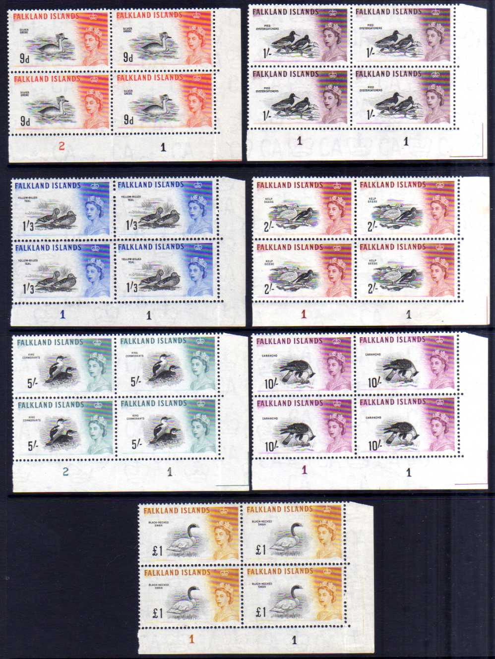 FALKLAND ISLANDS: 1955-7 AND 1960-6 WATERLOW SETS IN MAINLY MNH PLATE BLOCKS OF FOUR,