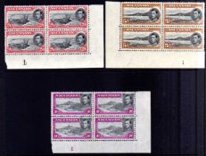 ASCENSION: 1938-53 PLATE BLOCKS OF FOUR, PERF 13 2/6, 5/- AND 10/-, ALL MNH.
