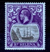 St HELENA: 1922-37 SCRIPT 15/- FINE OG, SMALL INKING FLAW BEHIND HEAD, SG 113.