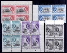 FALKLAND ISLANDS DEPS: 1954-62 SET IN MNH MARGINAL BLOCKS OF FOUR, MANY WITH PLATE NUMBERS,