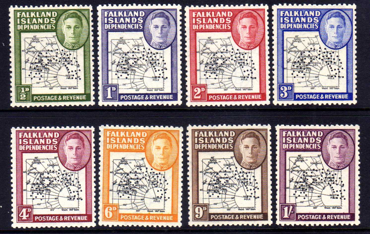 FALKLAND ISLANDS DEPS: 1946-9 THICK MAP SET PERF SEPCIMEN MNH, SOME SHORT PERFS OTHERWISE FINE SET.