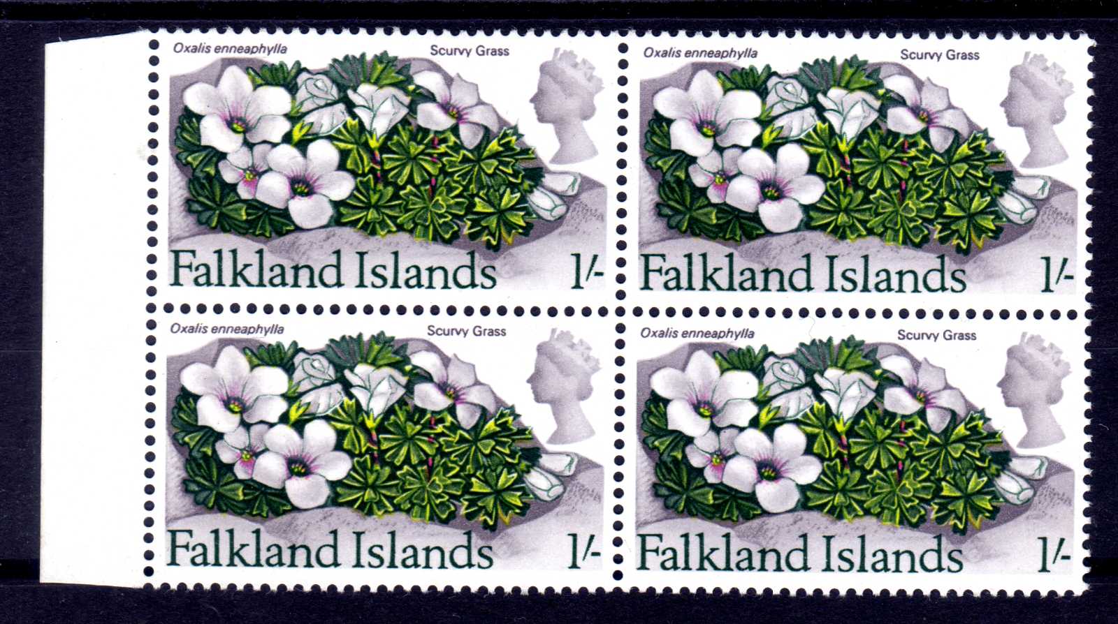 FALKLAND ISLANDS: 1968 1/- INVERTED WATERMARK MNH BLOCK OF FOUR, SG 240w.