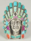 A silver and enamel Indian chief ring in a box.