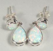 A pair of silver and opal drop earrings in a box.