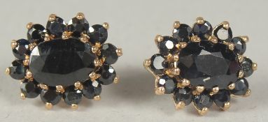 A pair of 9ct. gold sapphire stud earrings in a box.