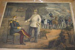 The Interview of Napoleon III with Count Bismark, colour engraving, unframed.