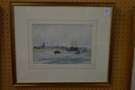 HMS Victory in Portsmouth Harbour, watercolour.