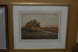 Rural landscape with sheep by a river, watercolour.