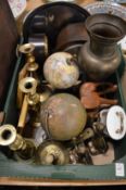 Various clocks, brass candlesticks, a table globe etc.