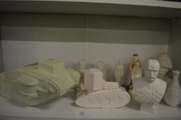 Unusual plaster models of early military tanks together with military figures etc.