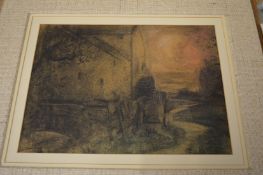 Watermill by a path, watercolour and charcoal.
