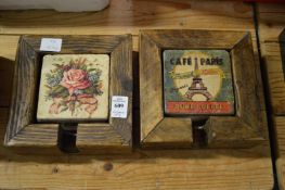 Decorative coasters contained in a wooden stand.