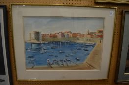 Continental School, Boats in a harbour, watercolour.