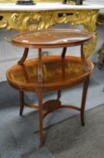 A good Edwardian inlaid mahogany two-tier tray top etagere.