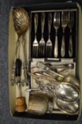 A pair of plated figural serving spoons, a set of cake forks etc.