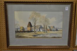 Rural landscape with farm buildings, watercolour.