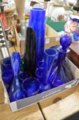 Blue glass vases etc.