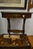 A French parquetry decorated and ormolu mounted work table with lyre end supports (faults).