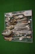 A good collection of Georgian and other silver spoons, cheese scoop, tea caddy spoon etc.