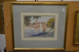 Alfred John Billingshurst, Isleworth, a view of a church from the river, watercolour.