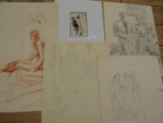 [PRINTS] FIGURES, original pencil drawings and pen cartoon, unframed (6).