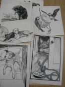 NEAVE PARKER, artist & illustrator: coll'n of 14 scraperboard b/w. illustrations for 