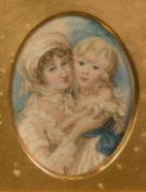 19th Century English School, a portrait of Mrs Clements and her son Johnnie, watercolour, 3.25
