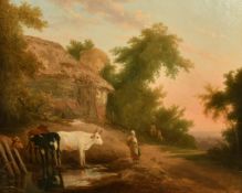 Attributed to Edmund Bristow (1787-1876), figures and cattle by a thatched cottage with a dusk