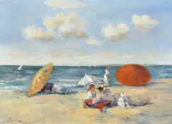 J. Kerrien, 20th Century, figures and parasols on a beach, oil on canvas, 10