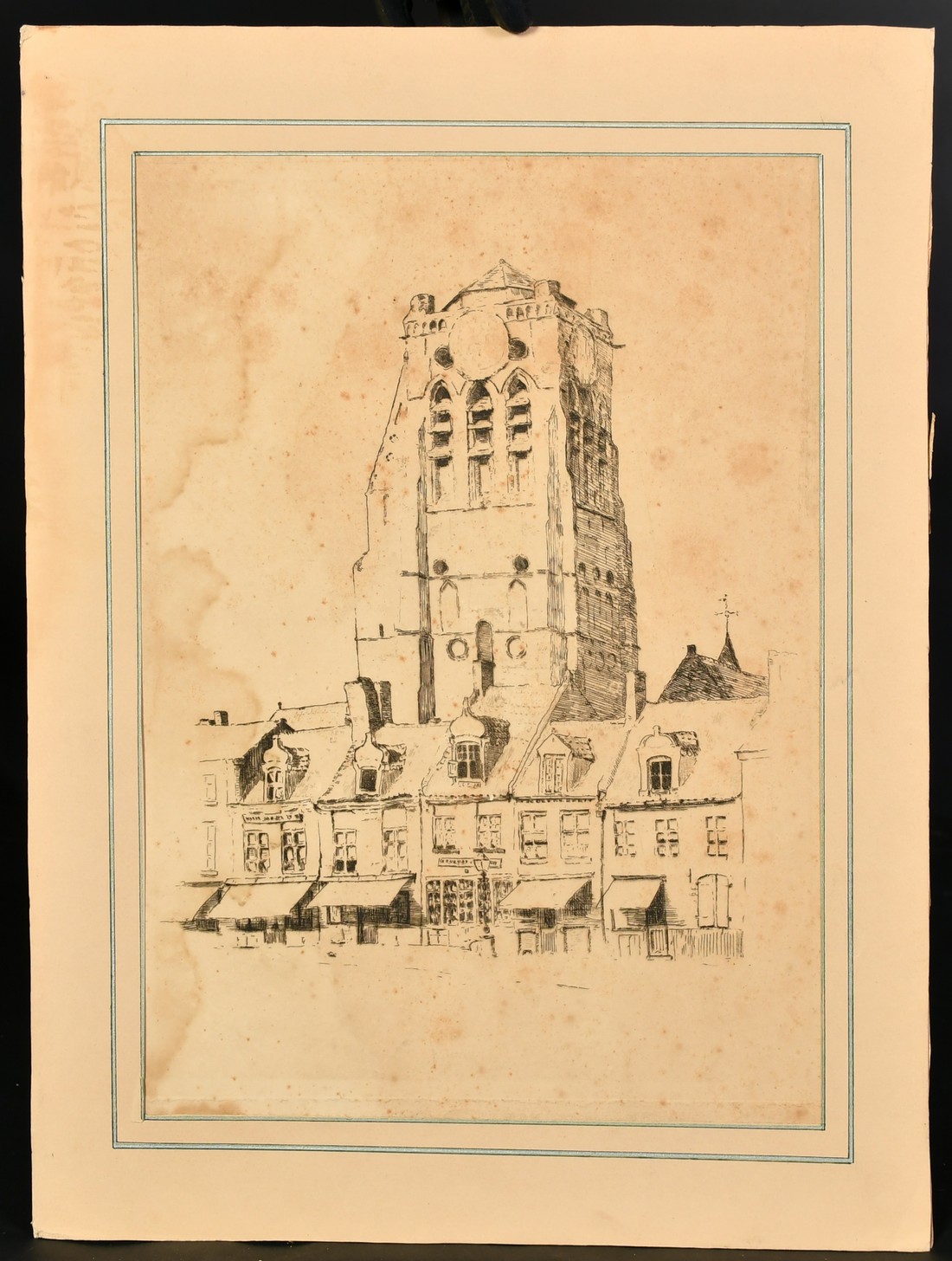 Attributed to Theo van Rysselberghe, an etching of a church tower and terrace, 13.75" x 10" (35 x - Image 2 of 4