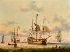 Circle of Chambers, gunships in a harbour with figures in rowing boats, oil on canvas, 18