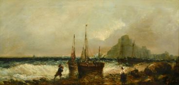 E. J. Watt (19th Century), figures and sailboats on a shore with St. Michaels Mount in the distance,
