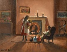 Deborah Jones (1921-2012), children with dolls and a cat by the fireside, oil on board, signed, 8
